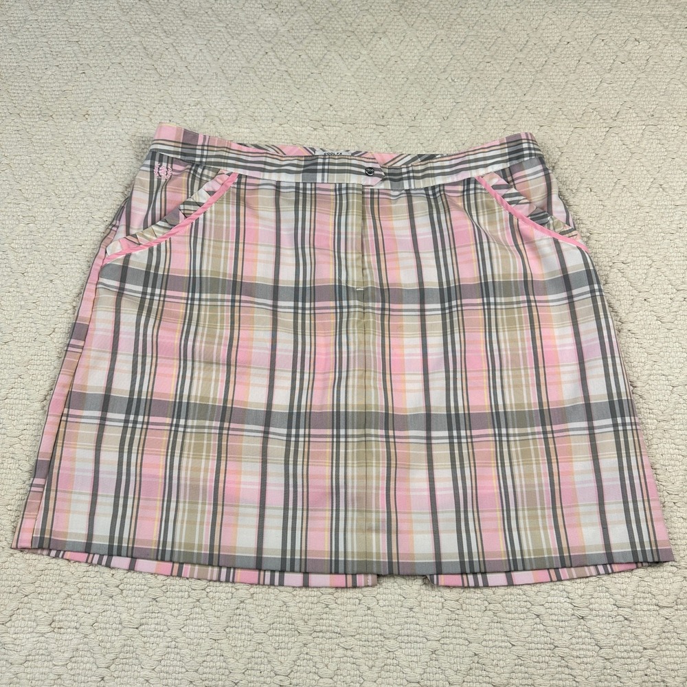 IZOD Cool FX Golf Skort Womens 8 Pink Tan Grey Plaid Pleated Pockets Activewear